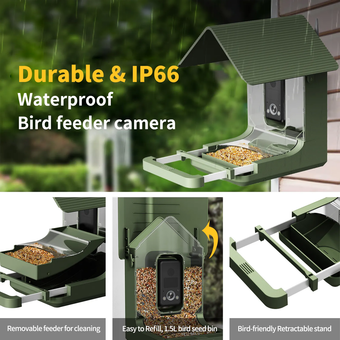 JSOCAM 8MP Real 4K resolution with species AI Bird recognition IP66 waterproof smart bird camera with 1.5L large feeder
